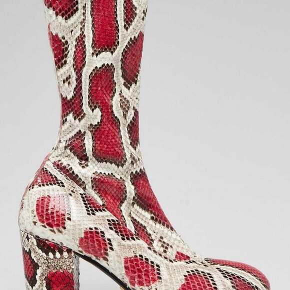 Gucci Red/Beige Python Mid Calf Boots Size 5.5/36 - Picture 3 of 5